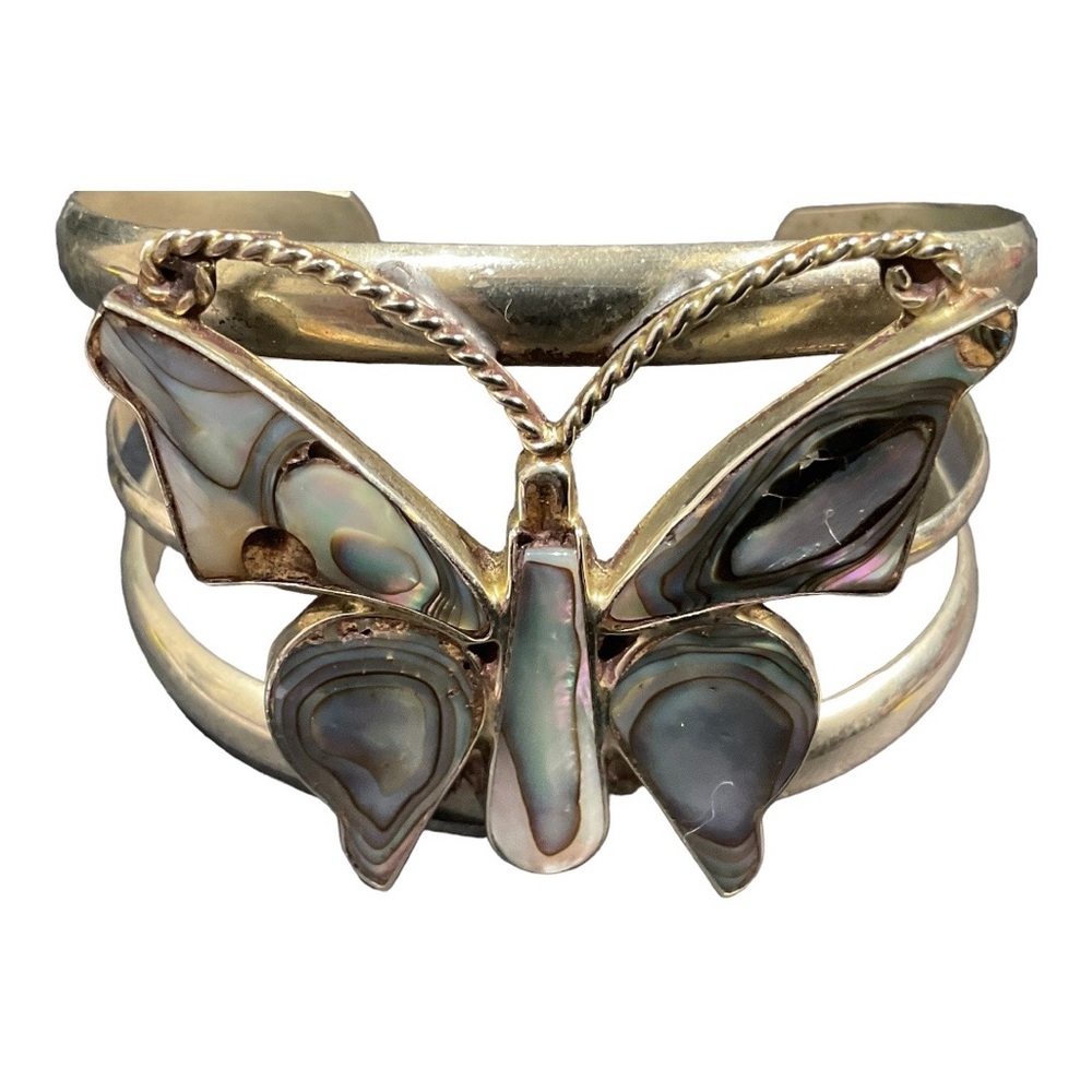 Bueatiful Vintage Butterfly Silver Inlaid with Albolny Cuff Bracelet